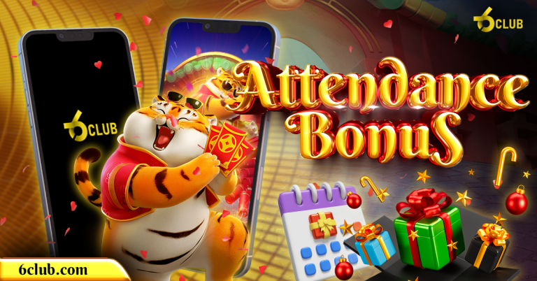 AB 6 Club attendance bonus promotion featuring a cheerful tiger character, festive gifts, a calendar, and holiday-themed decorations.
